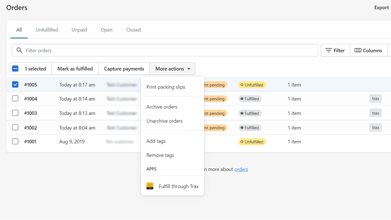 Orders (Fulfill through Trax)