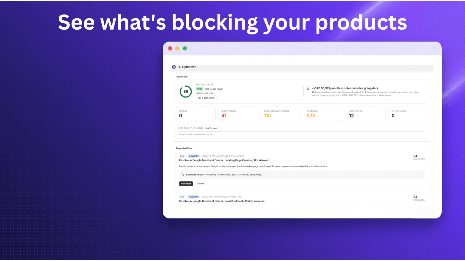 Free feed health check with score, issues and revenue at risk