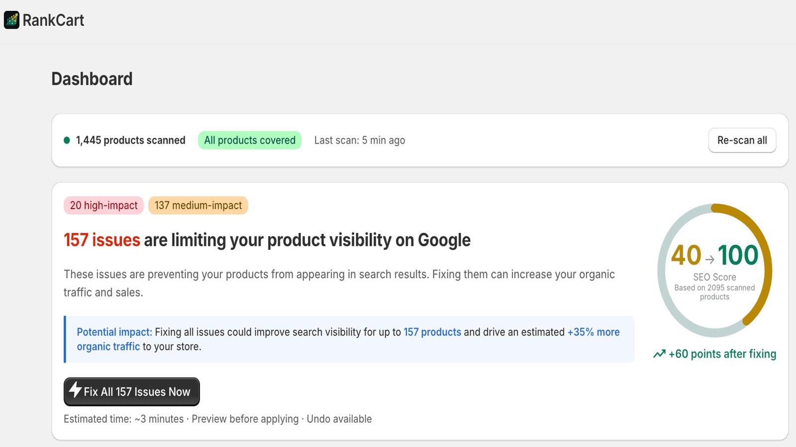 Dashboard SEO Score - Products Scan