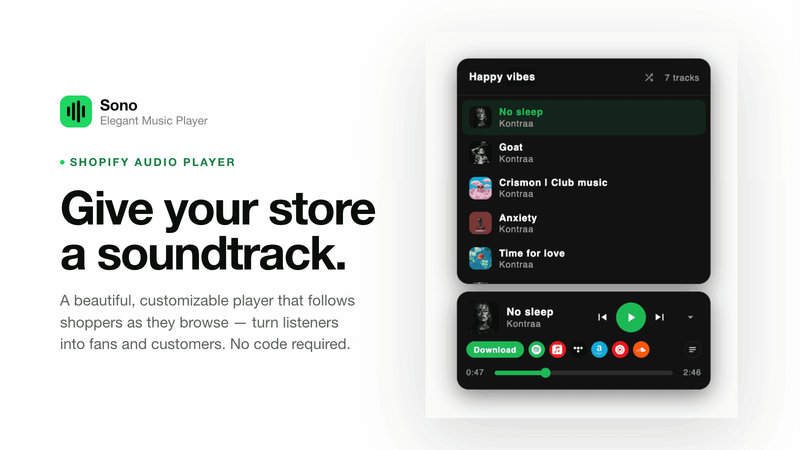 Sono audio player running live on a Shopify storefront