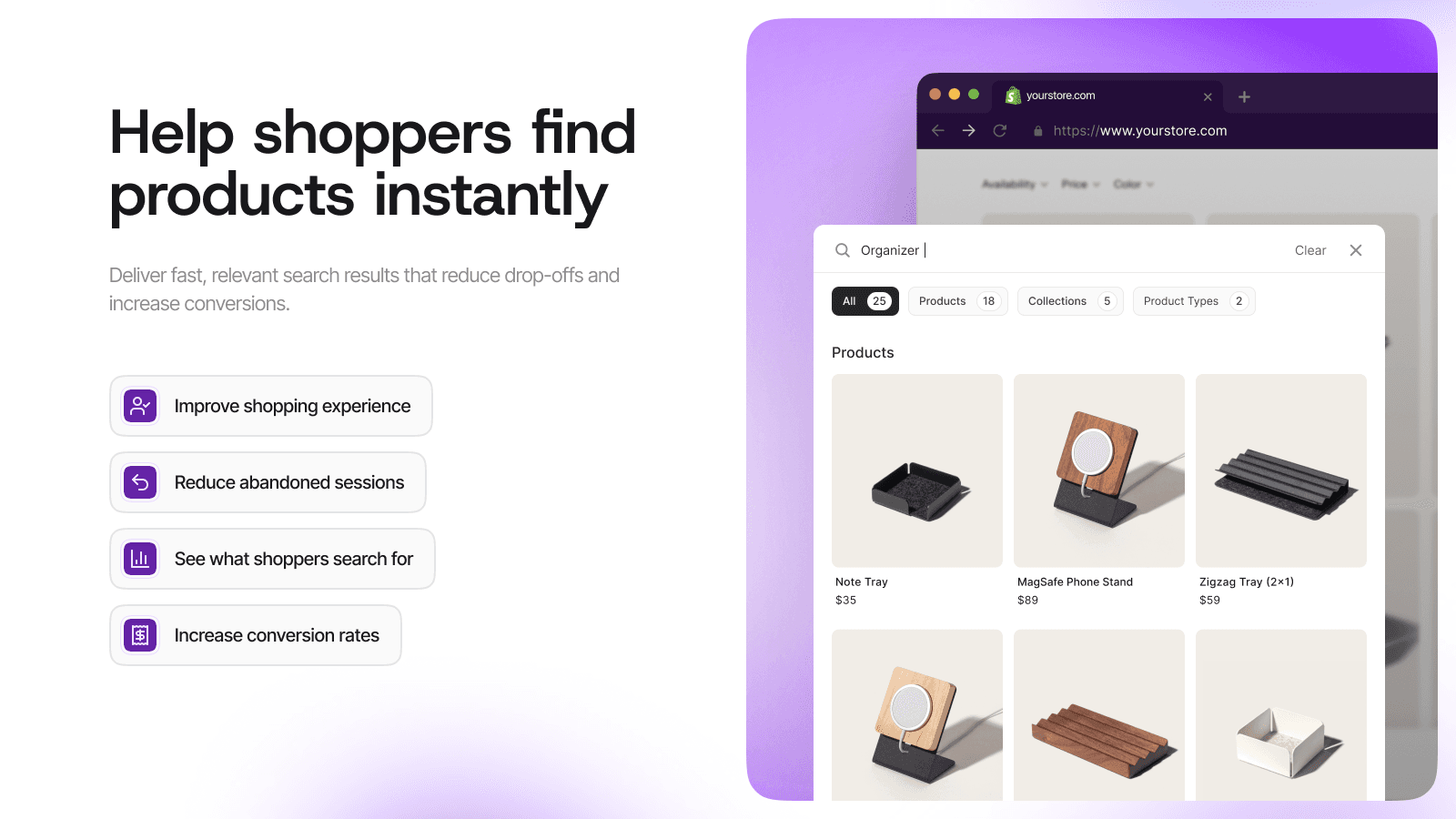 Smart search showing products and collections