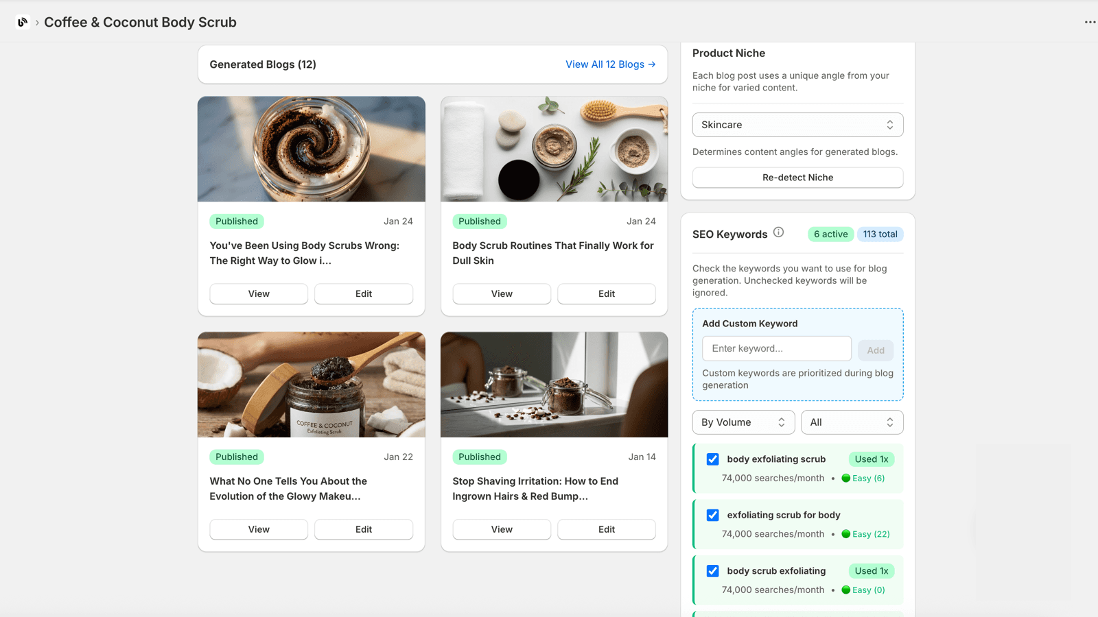 BlogGenAI dashboard - Sync button to import products