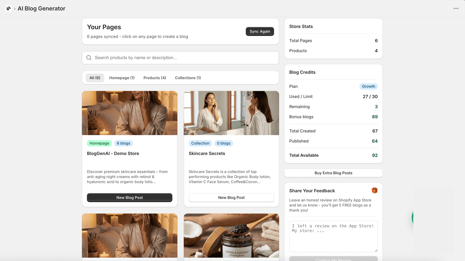BlogGenAI dashboard - Sync button to import products
