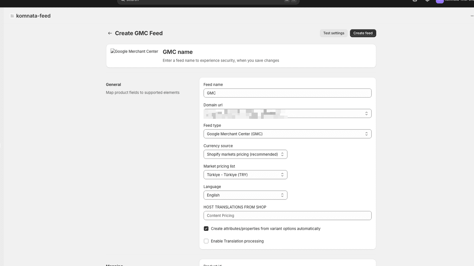 FeedAI Pro app screen showing Google Merchant Center feed setup