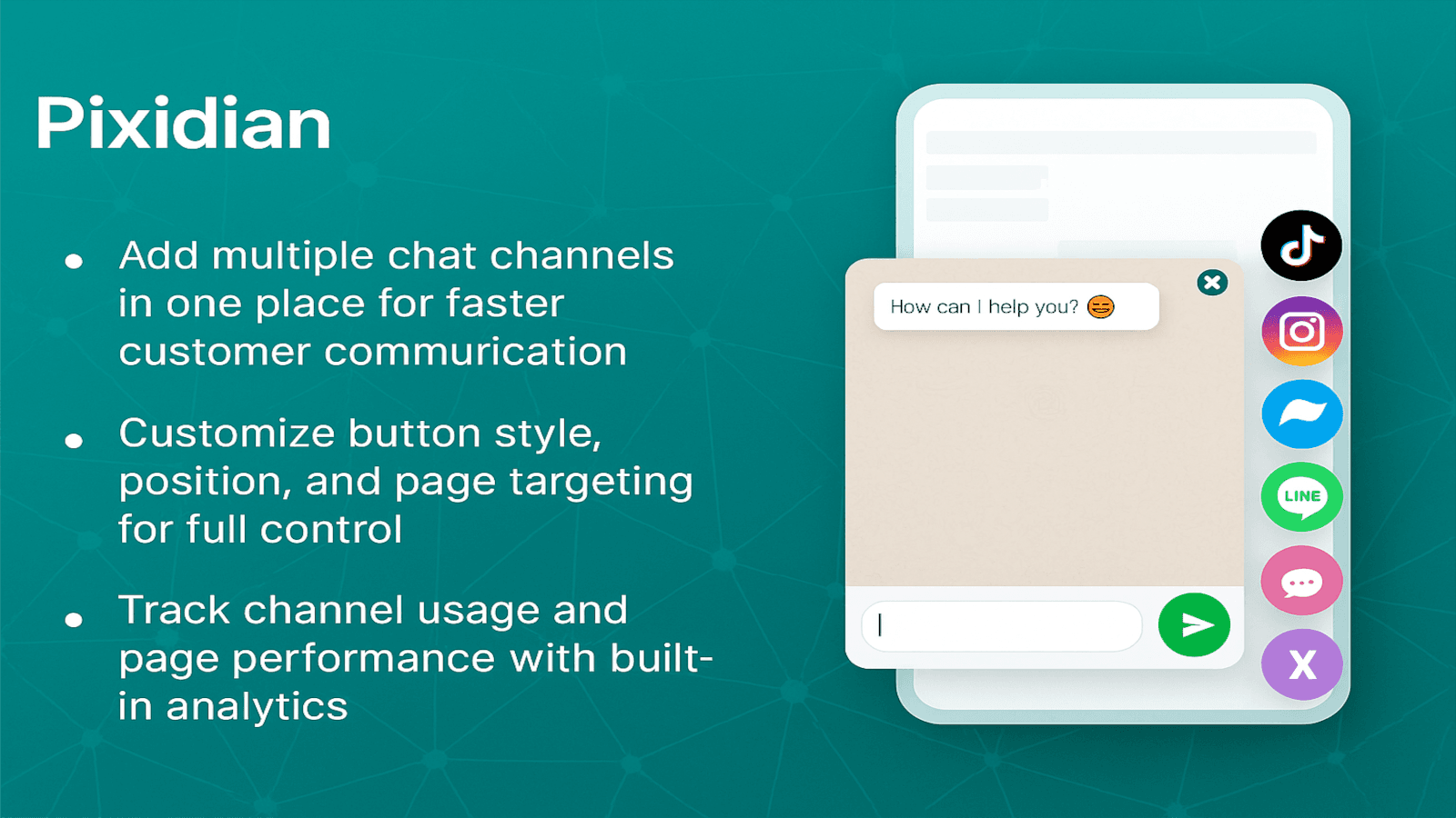 Pixidian chat widget preview with channels and analytics