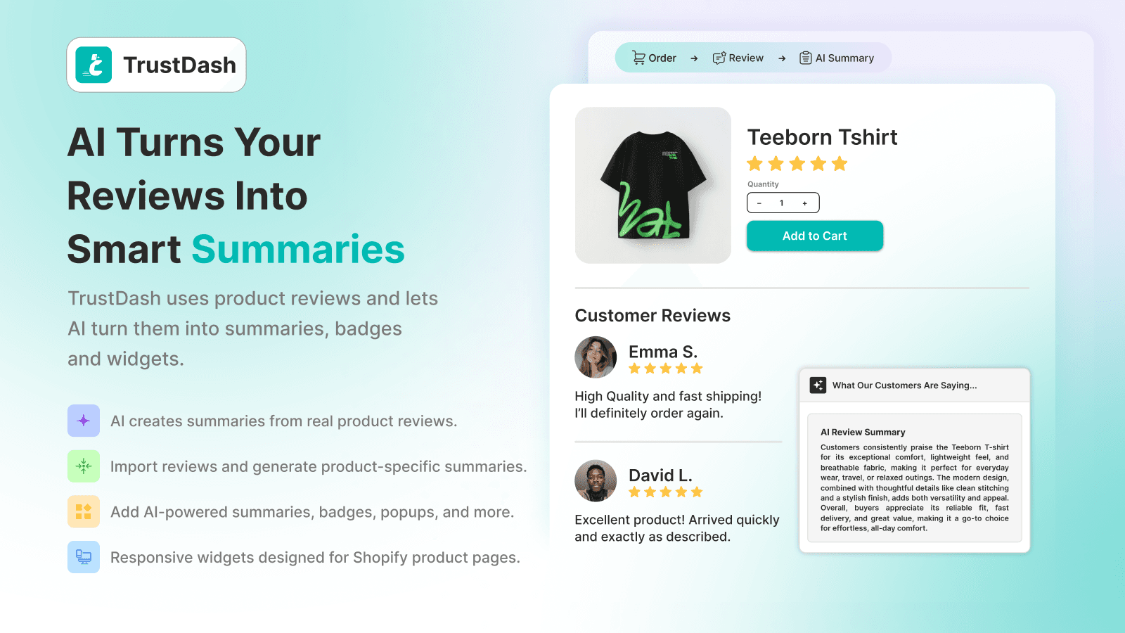 TrustDash AI review summaries and product page widgets