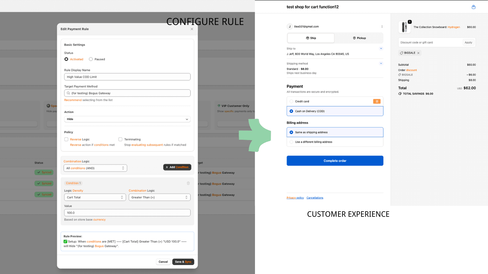 Admin rule to hide Bogus and the checkout result for $62.