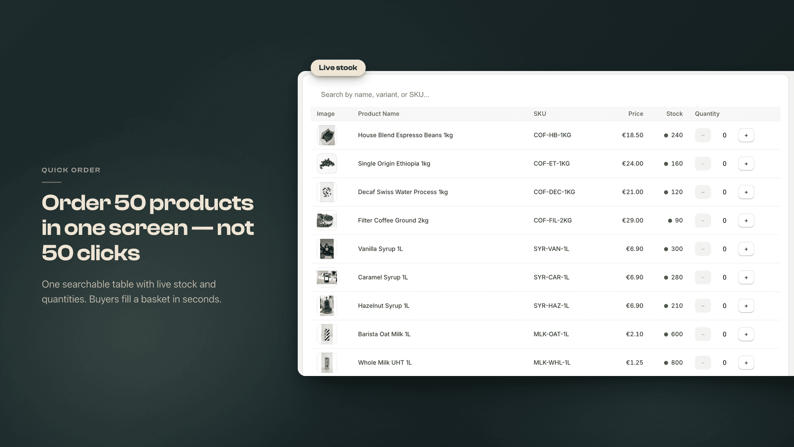 Quick Order Form with products and quantity inputs