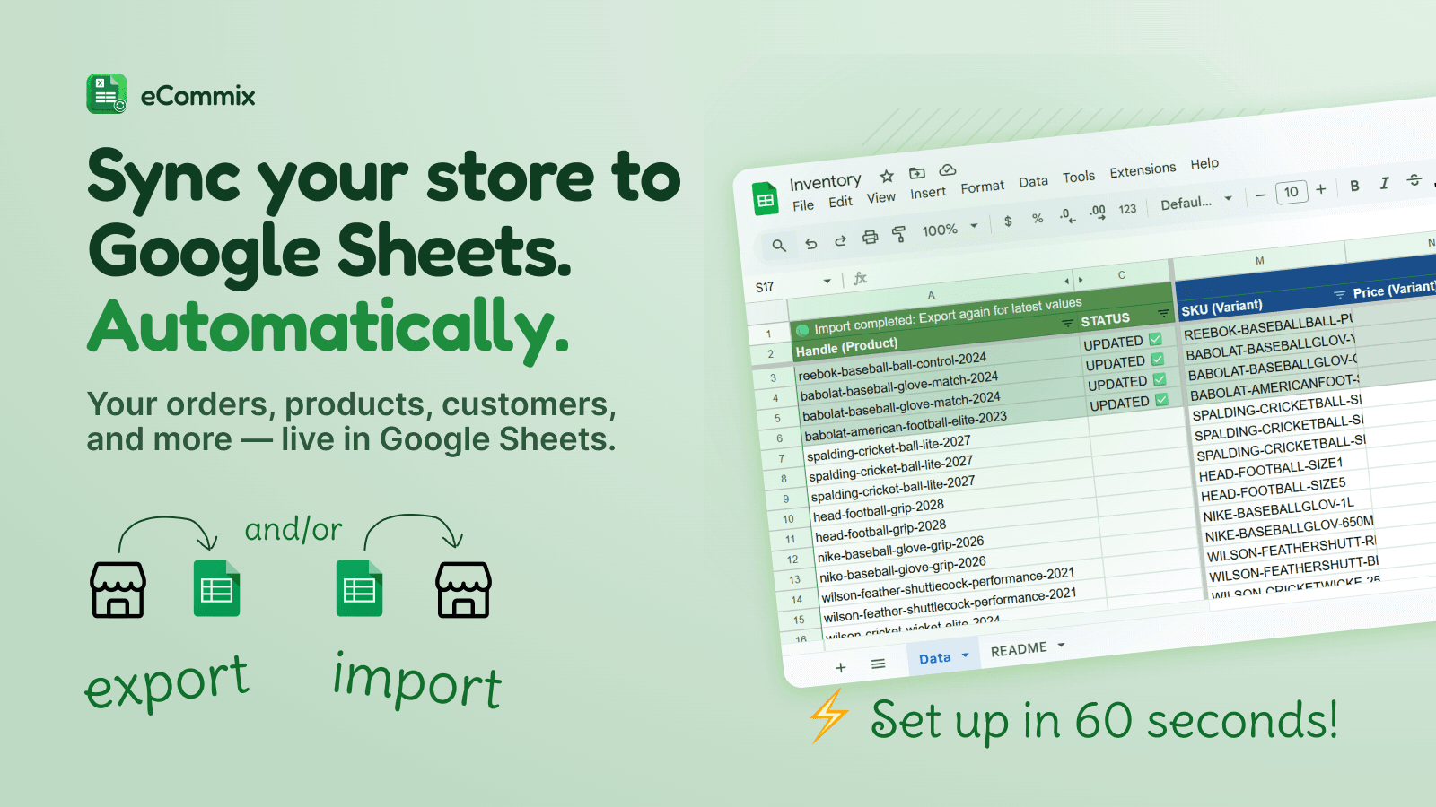 Google Sheets spreadsheets to sync, bulk import, edit, export