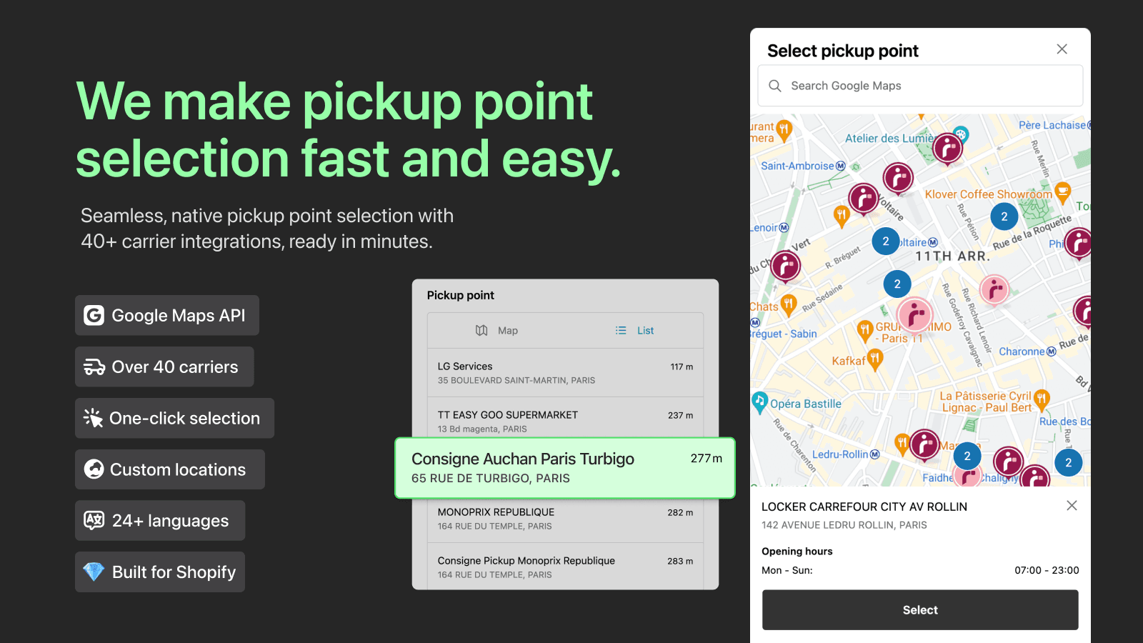 Pickup points selection in Shopify checkout