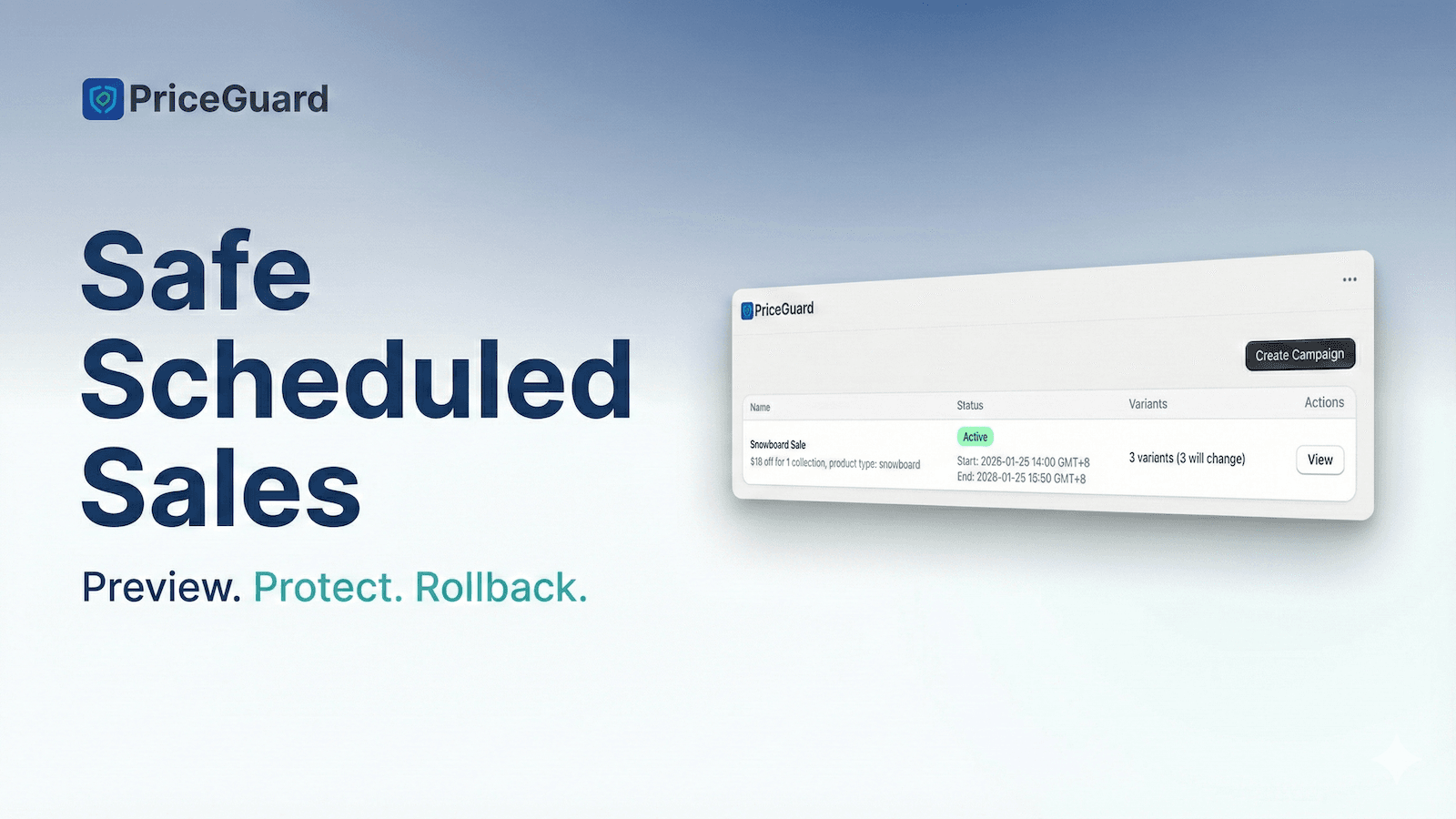 PriceGuard dashboard for safe scheduled sales campaigns