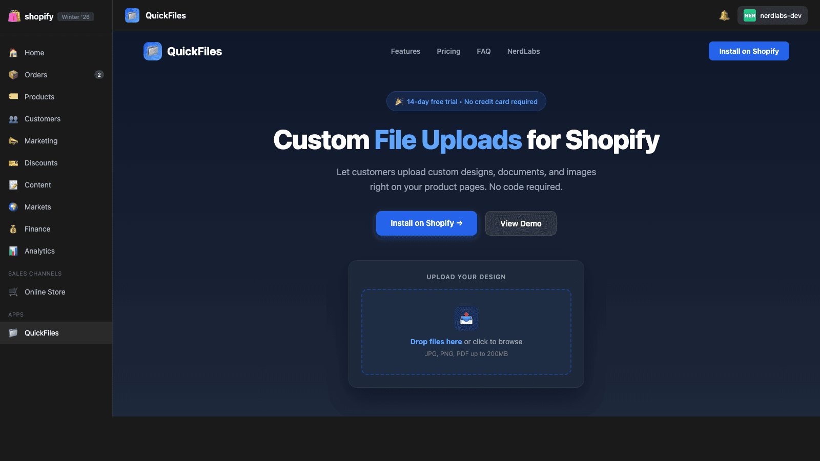QuickFiles dashboard showing upload fields and stats