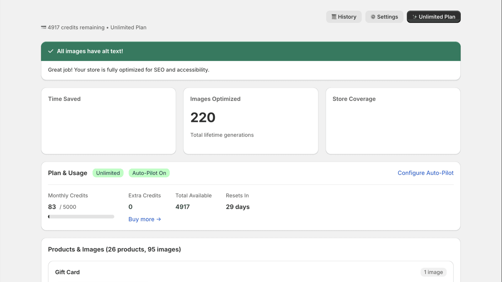 Dashboard showing SEO score and time saved stats.