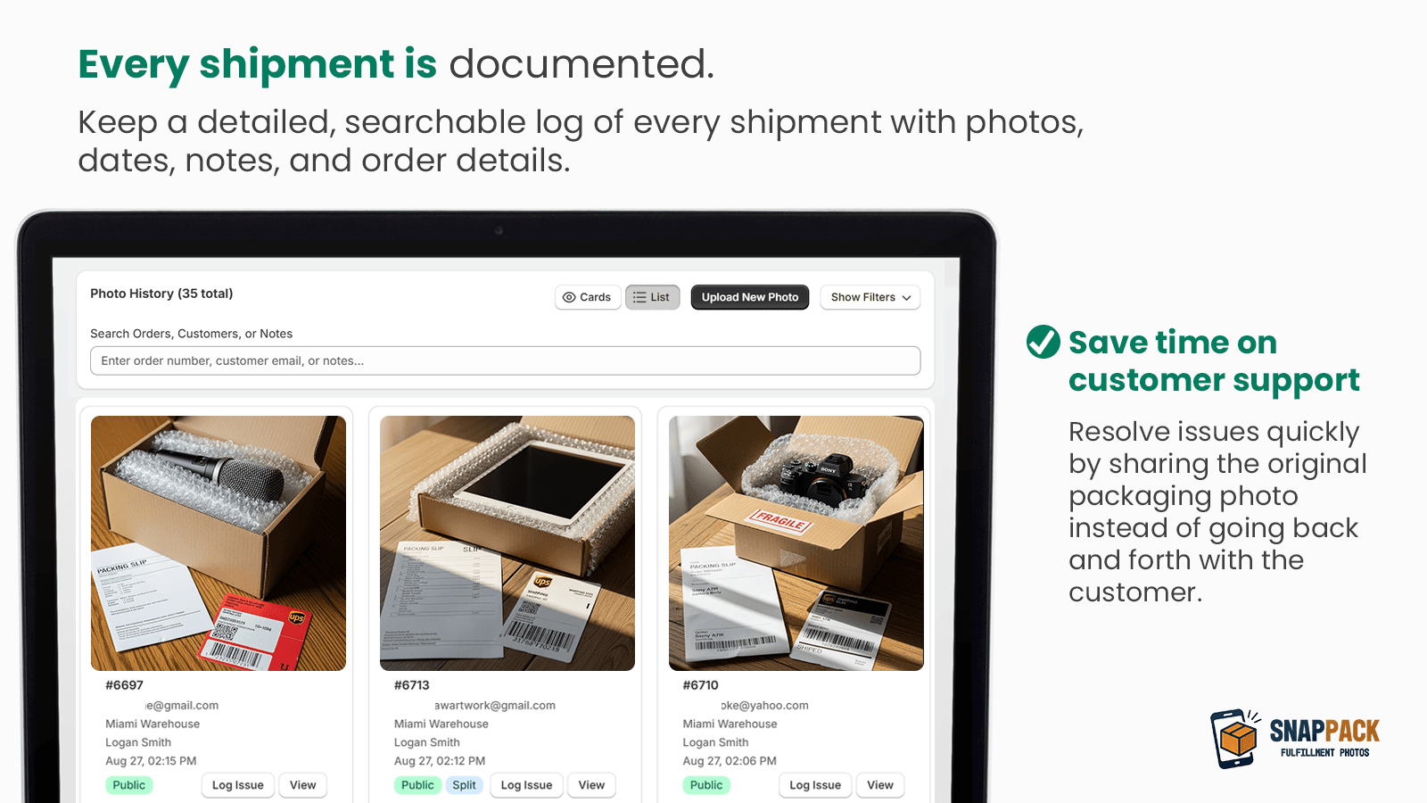 Fulfillment photo app history page showcasing all shipments