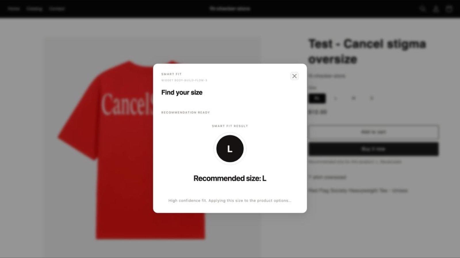 Fit find size recommendation shown on a product page