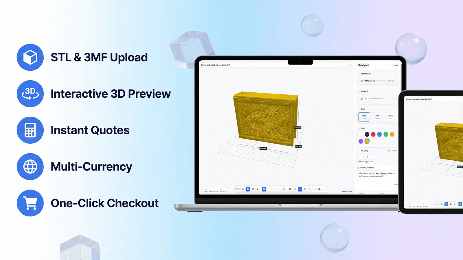 3D print quote calculator widget with interactive model viewer