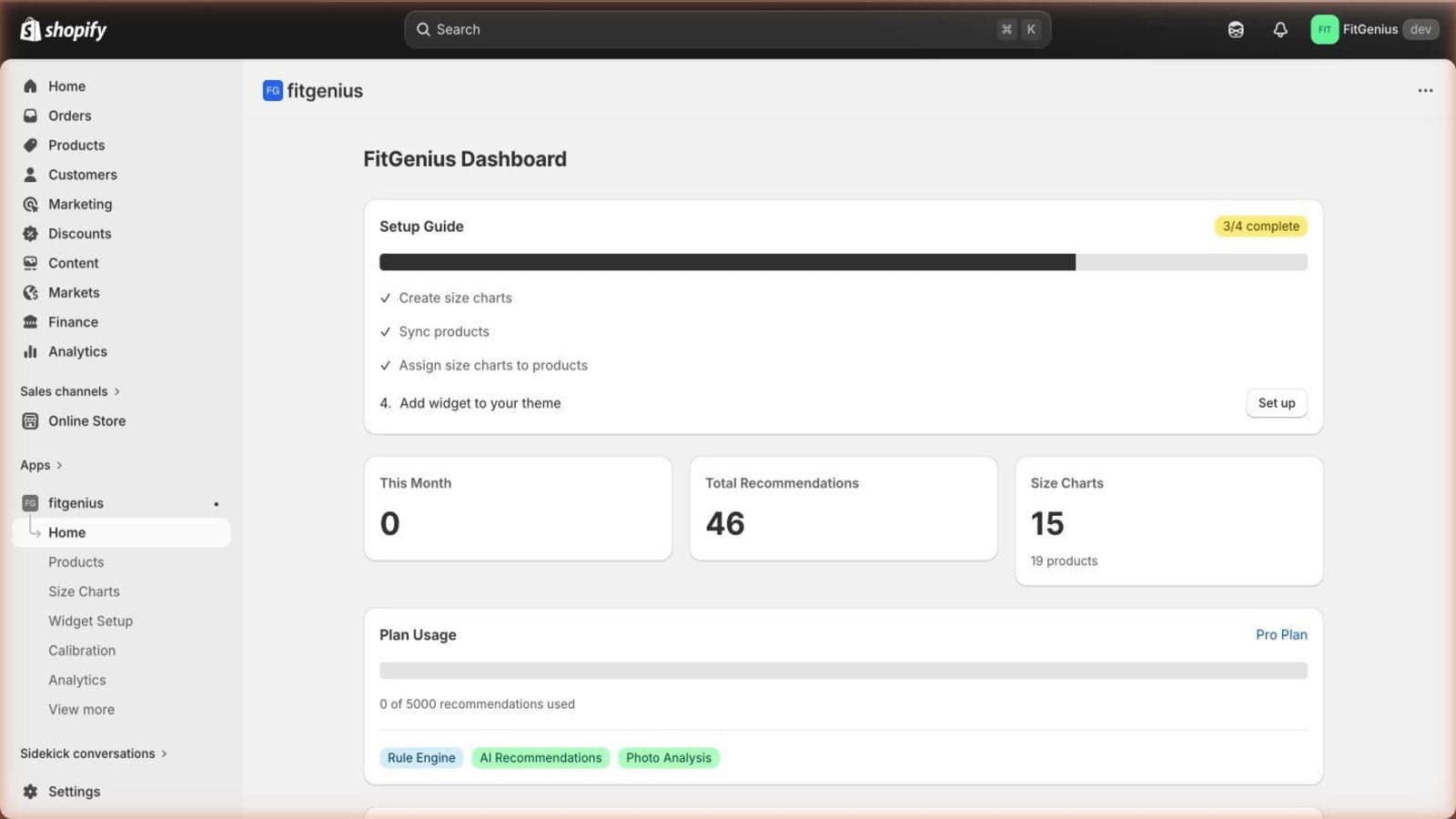 FitGenius app dashboard overview with recommendation metrics