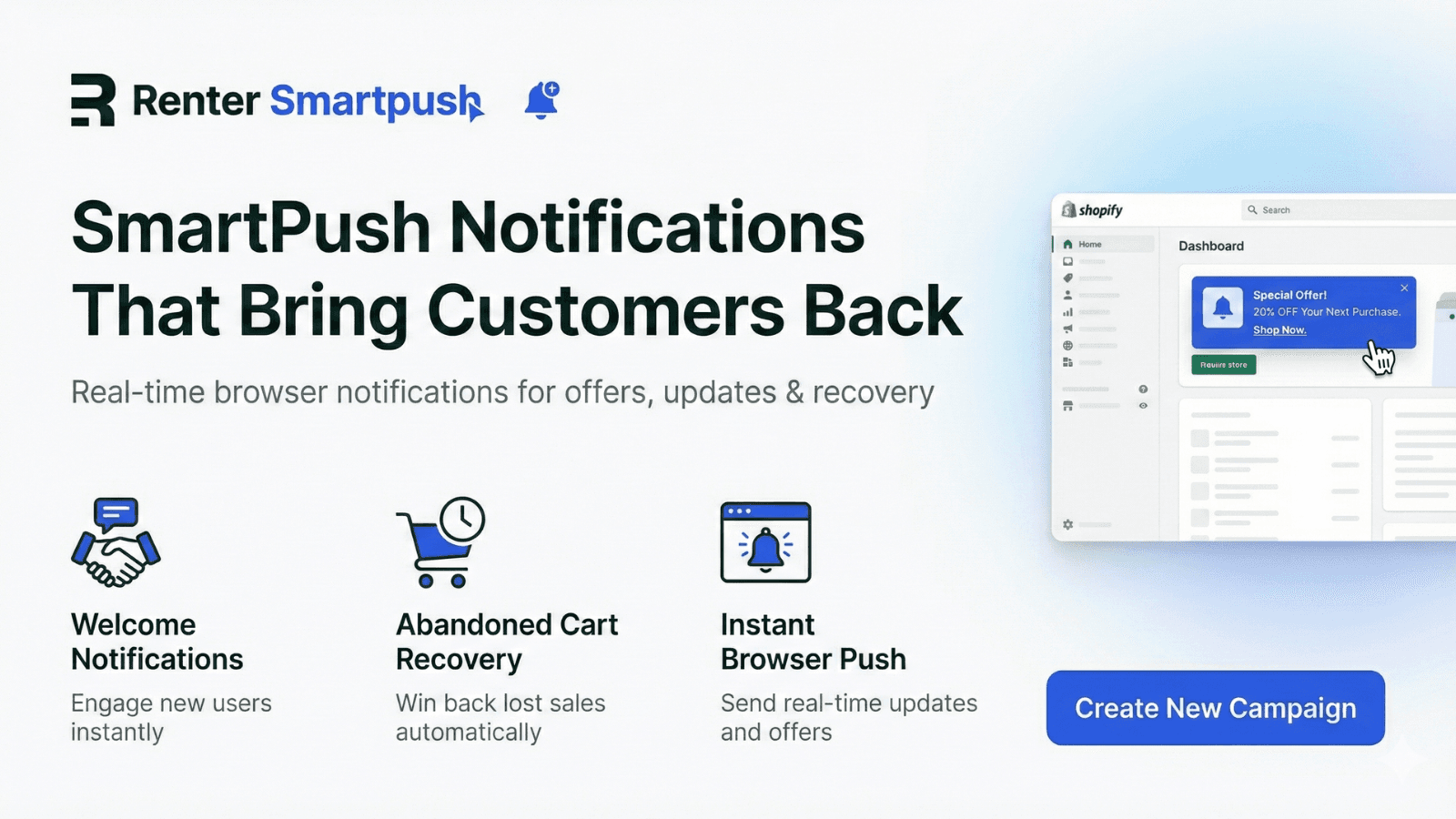 Retner SmartPush Shopify app dashboard banner showing browser pu