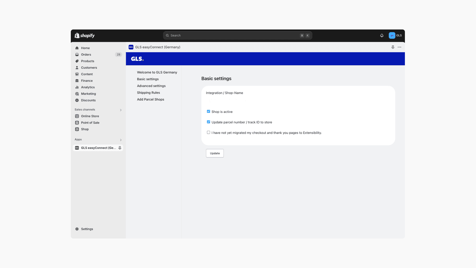 General settings for GLS easyConnect in Shopify.