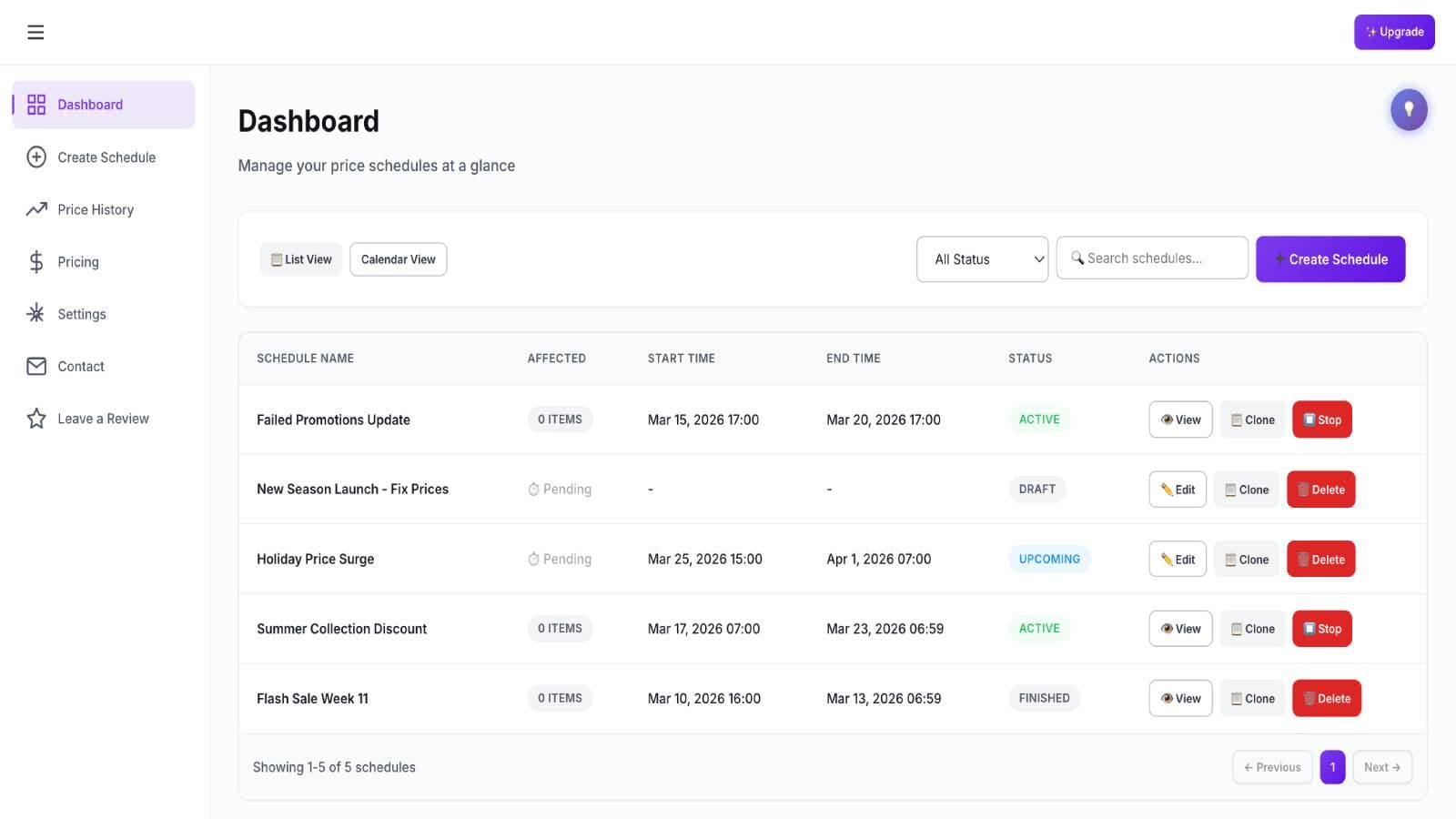 View and manage all scheduled price changes in one place