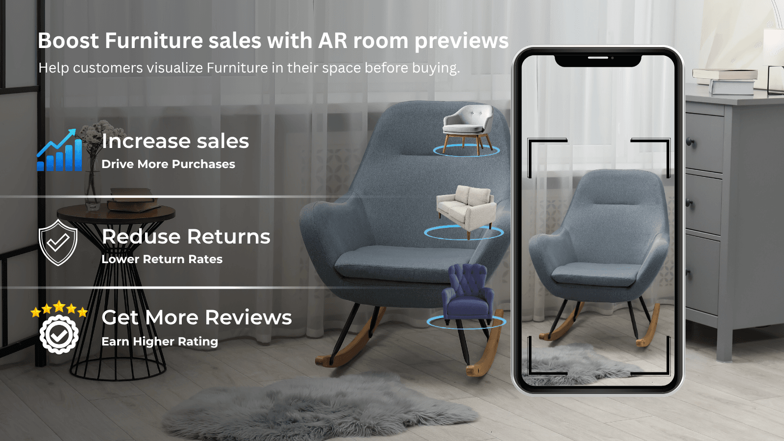 Furniture AR banner showing sales, returns, and review benefits