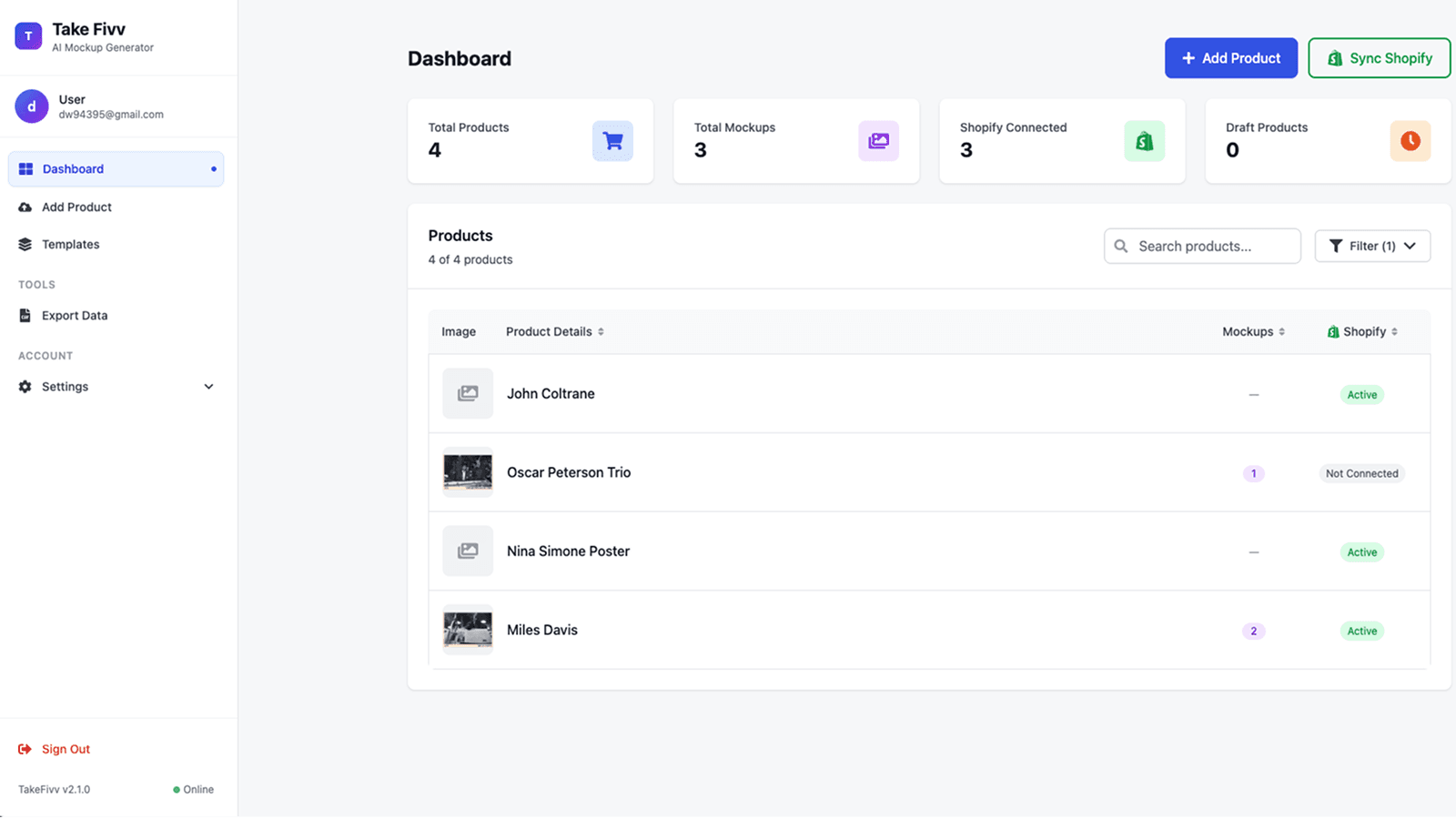 Screenshot of TakeFivv Dashboard