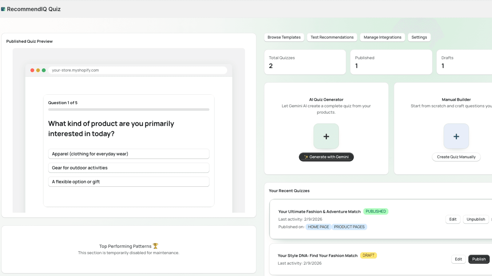 RecommendIQ Quiz Dashboard create quizes using AI or manually