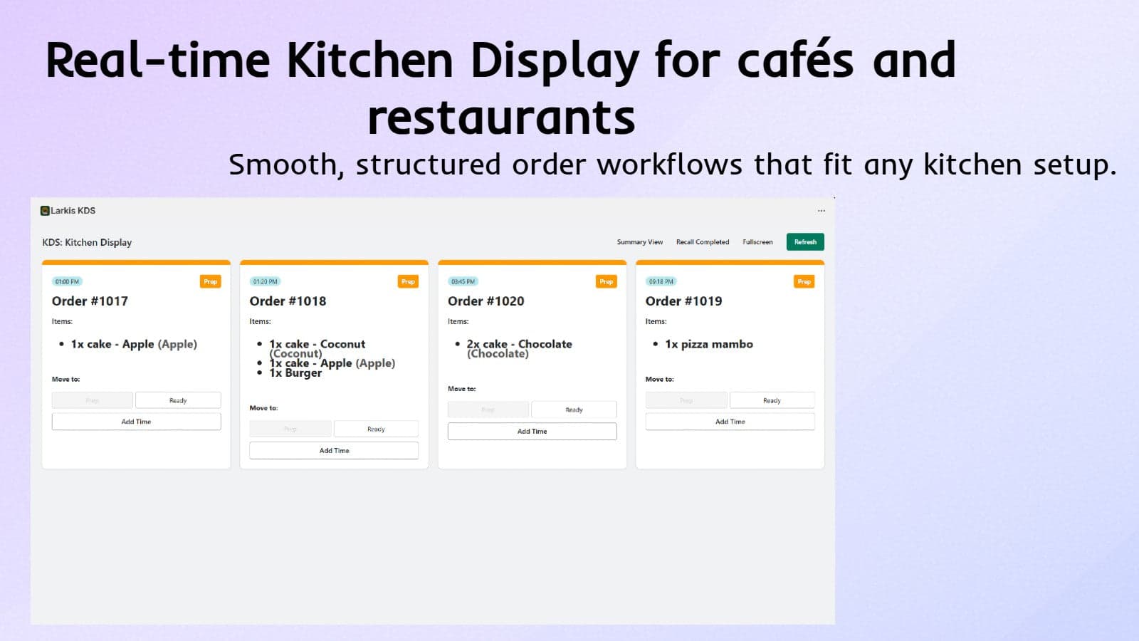 Larkis KDS Kitchen Display interface showing real-time orders.