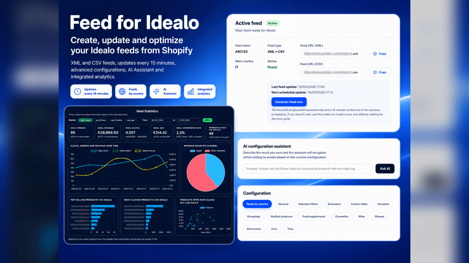 Active feed with XML, CSV, AI and Idealo statistics