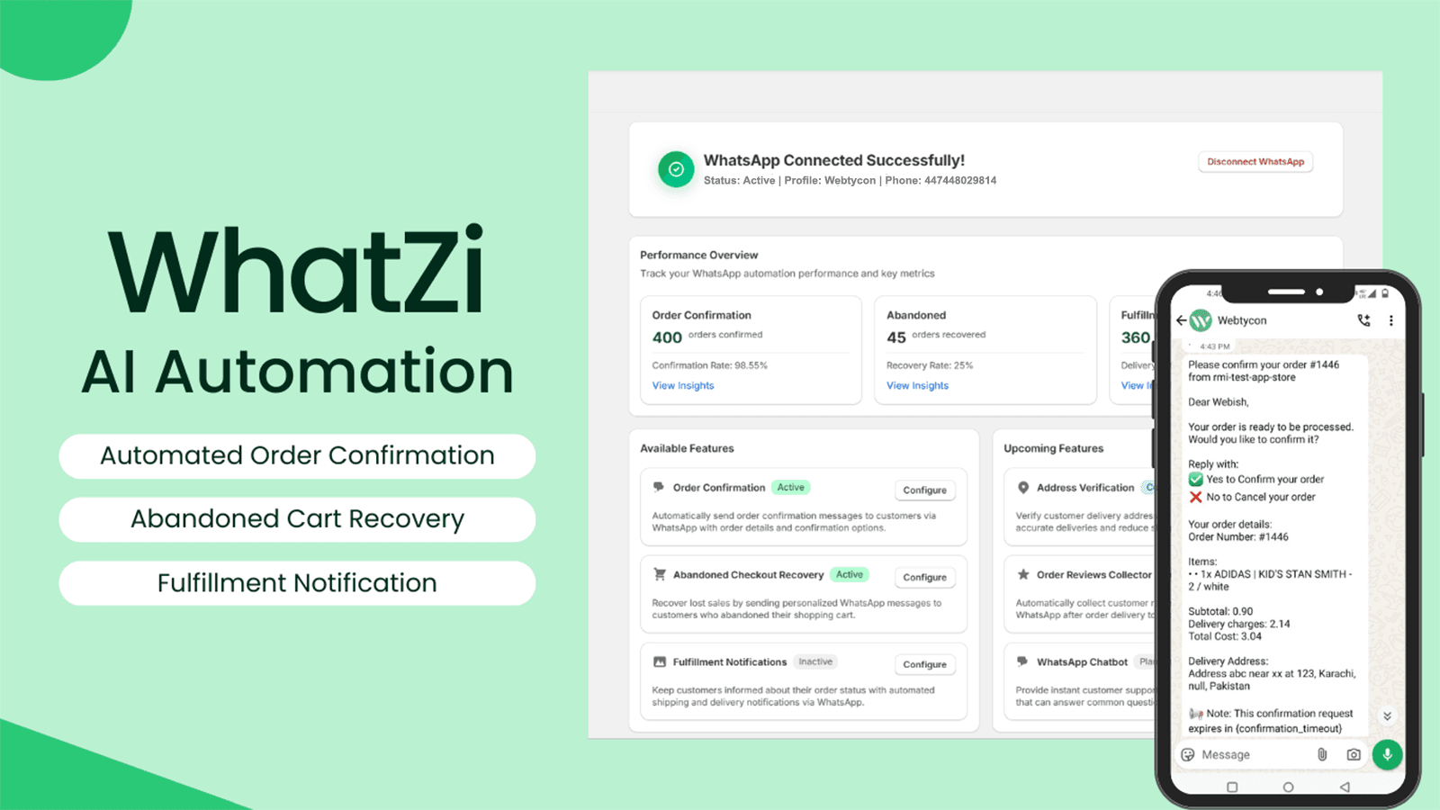 WhatZi WhatsApp AI Automation dashboard for Shopify stores