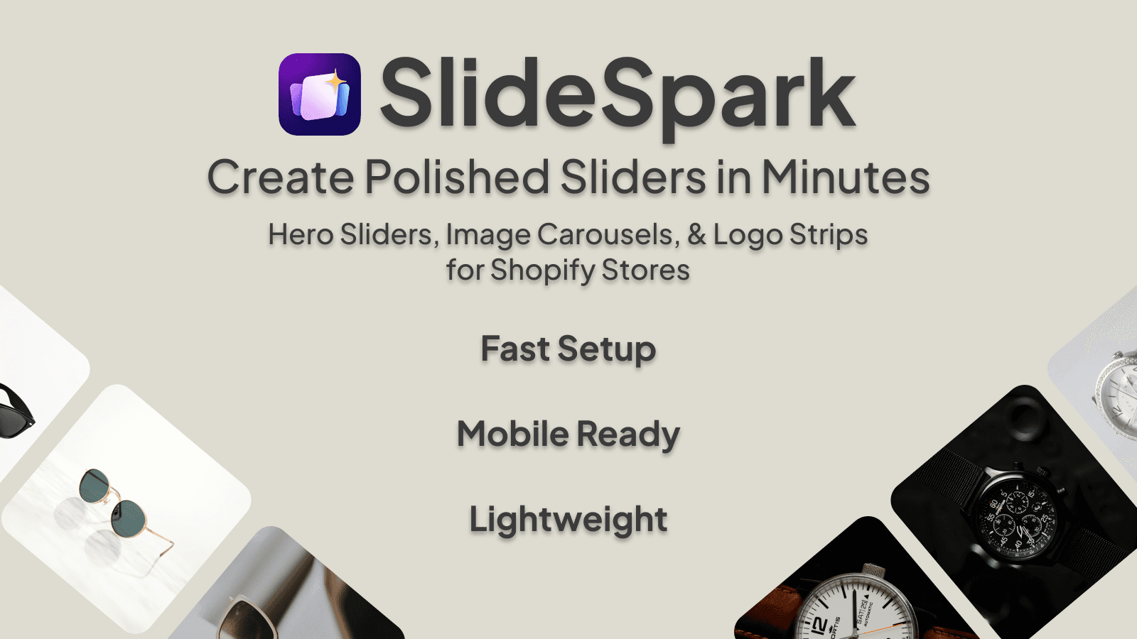 SlideSpark feature list with product carousels on each side