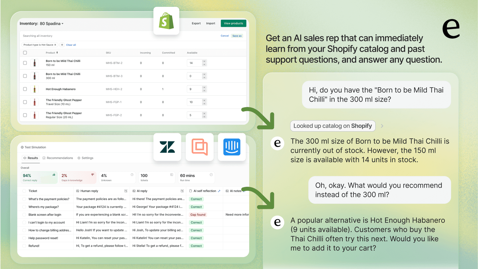eesel AI's chatbot integrated with catalog and past tickets