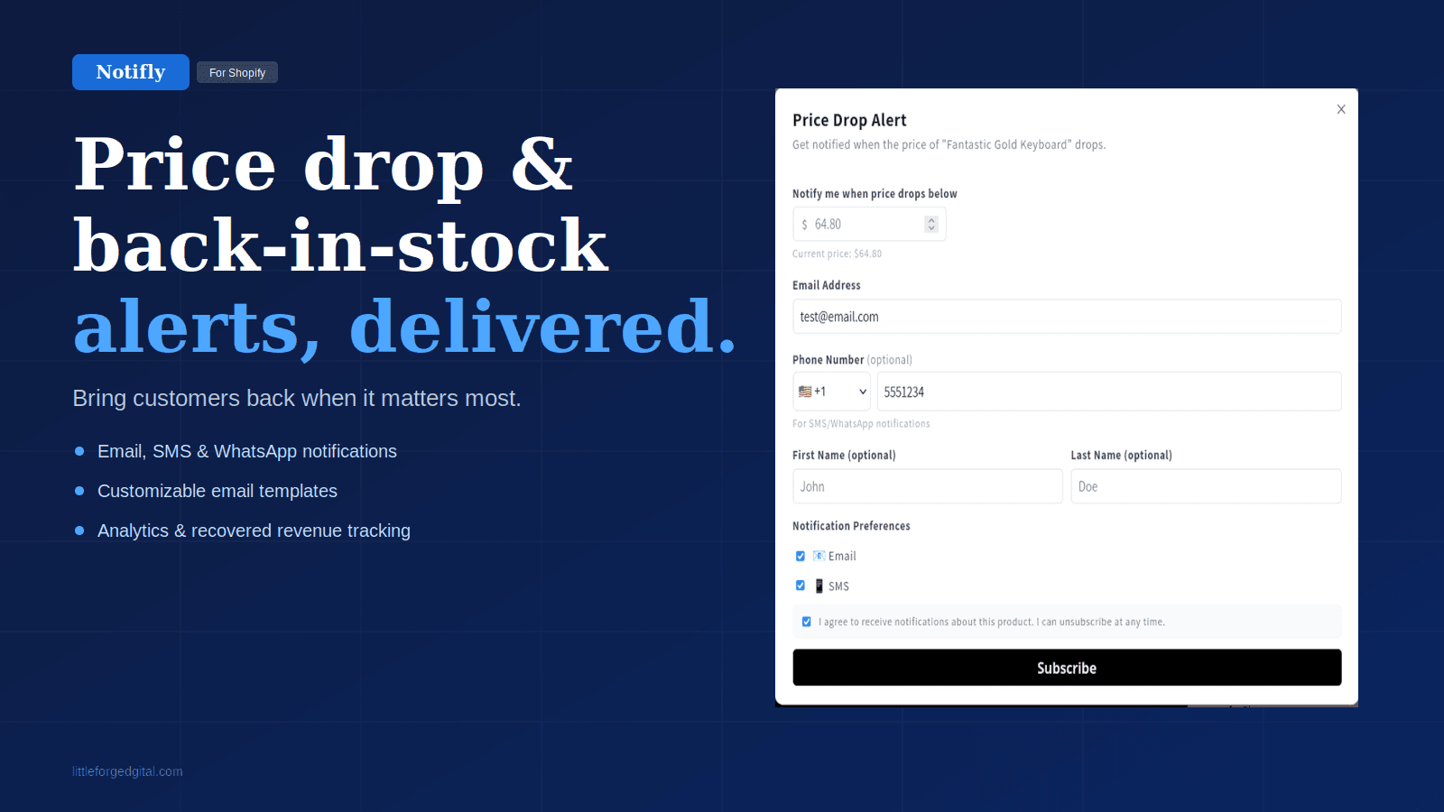 Notifly price drop alert widget on a Shopify product page