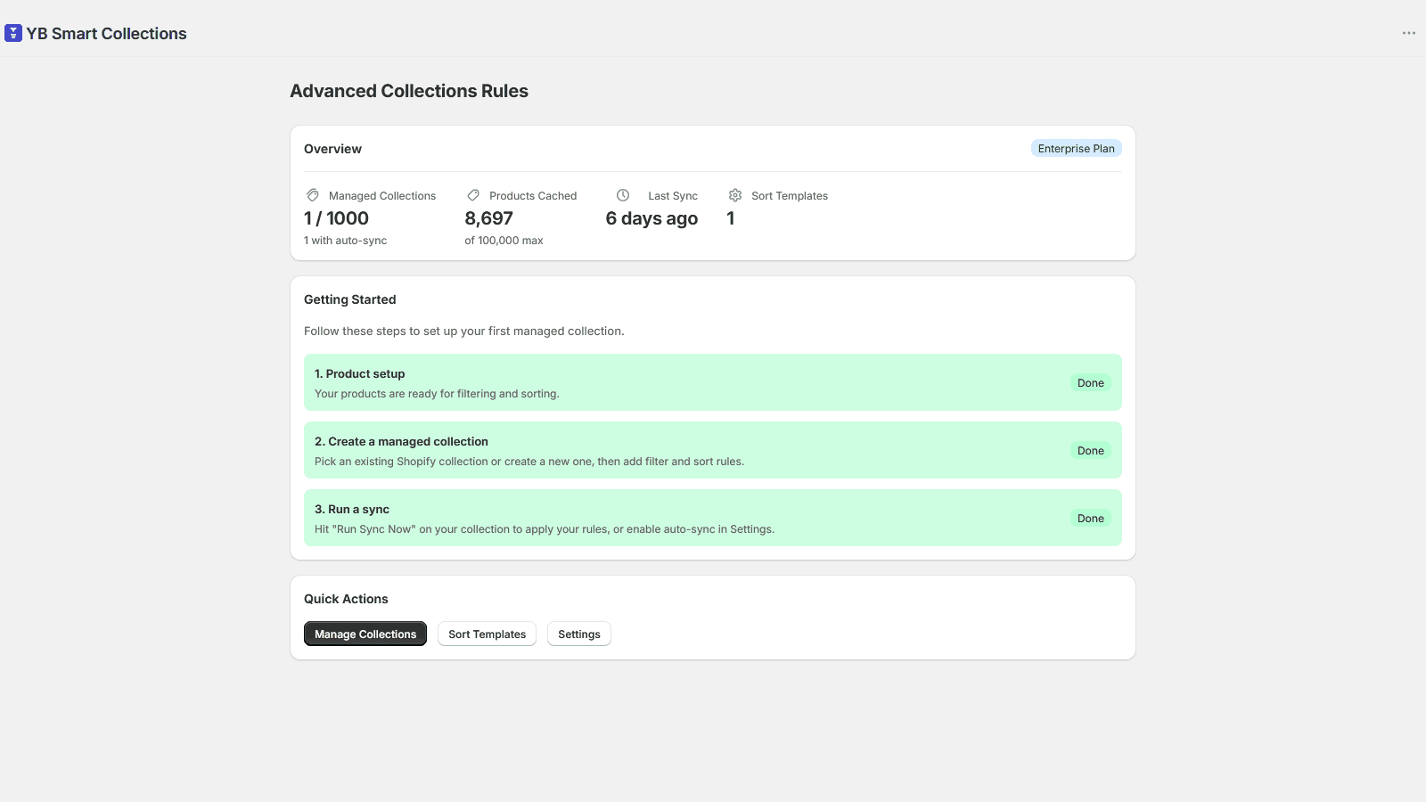 Smart Collections dashboard with collection and sync stats