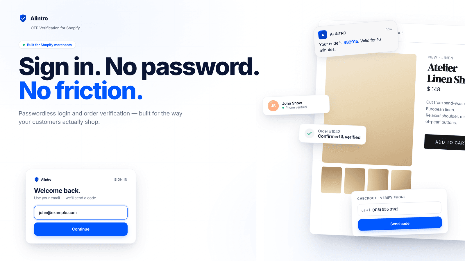 Shopify OTP app for passwordless login and order verification