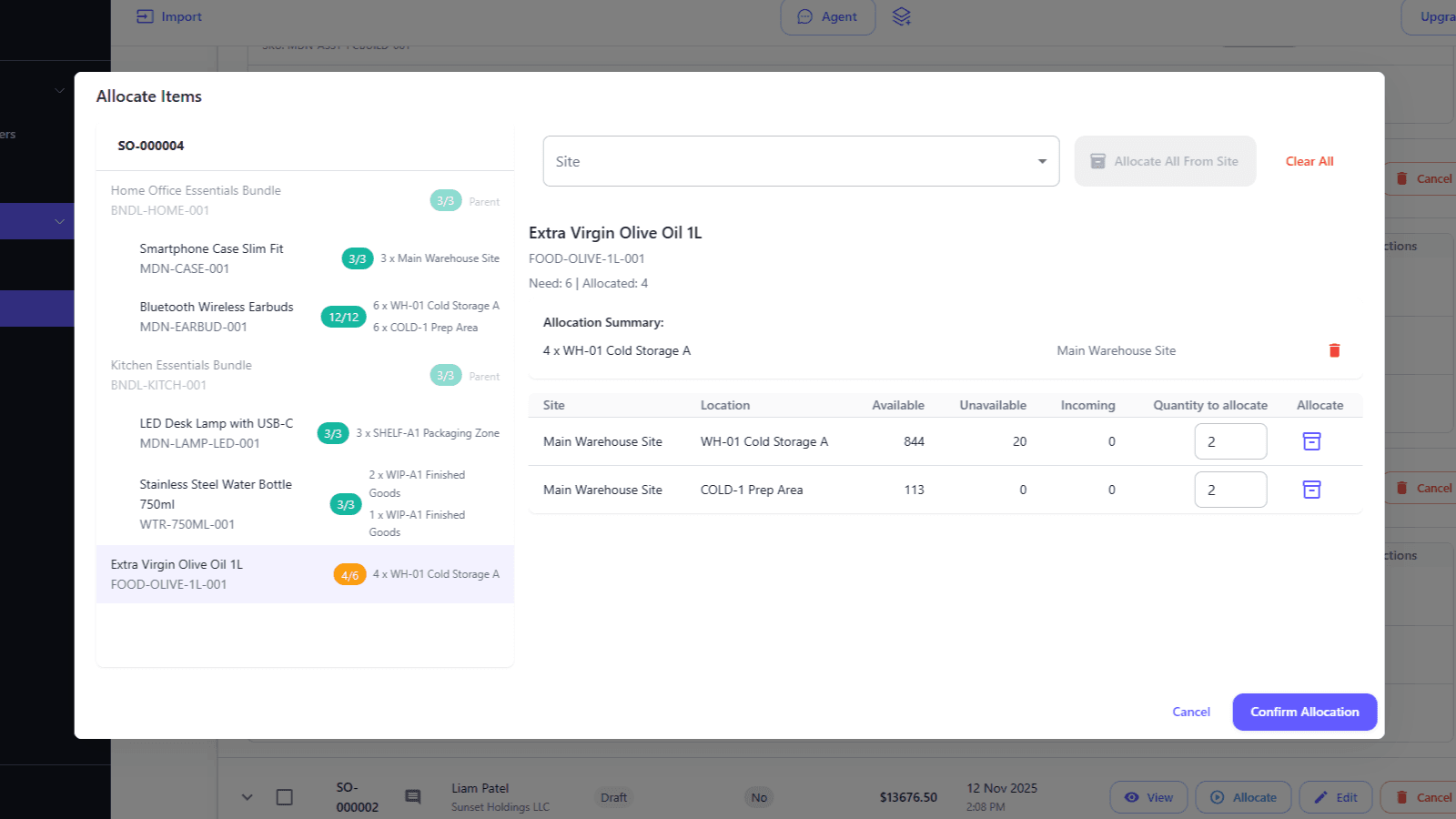 Allocate products to a sales order