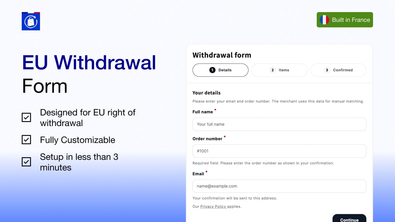 EU Withdrawal Form app with compliance text and form preview