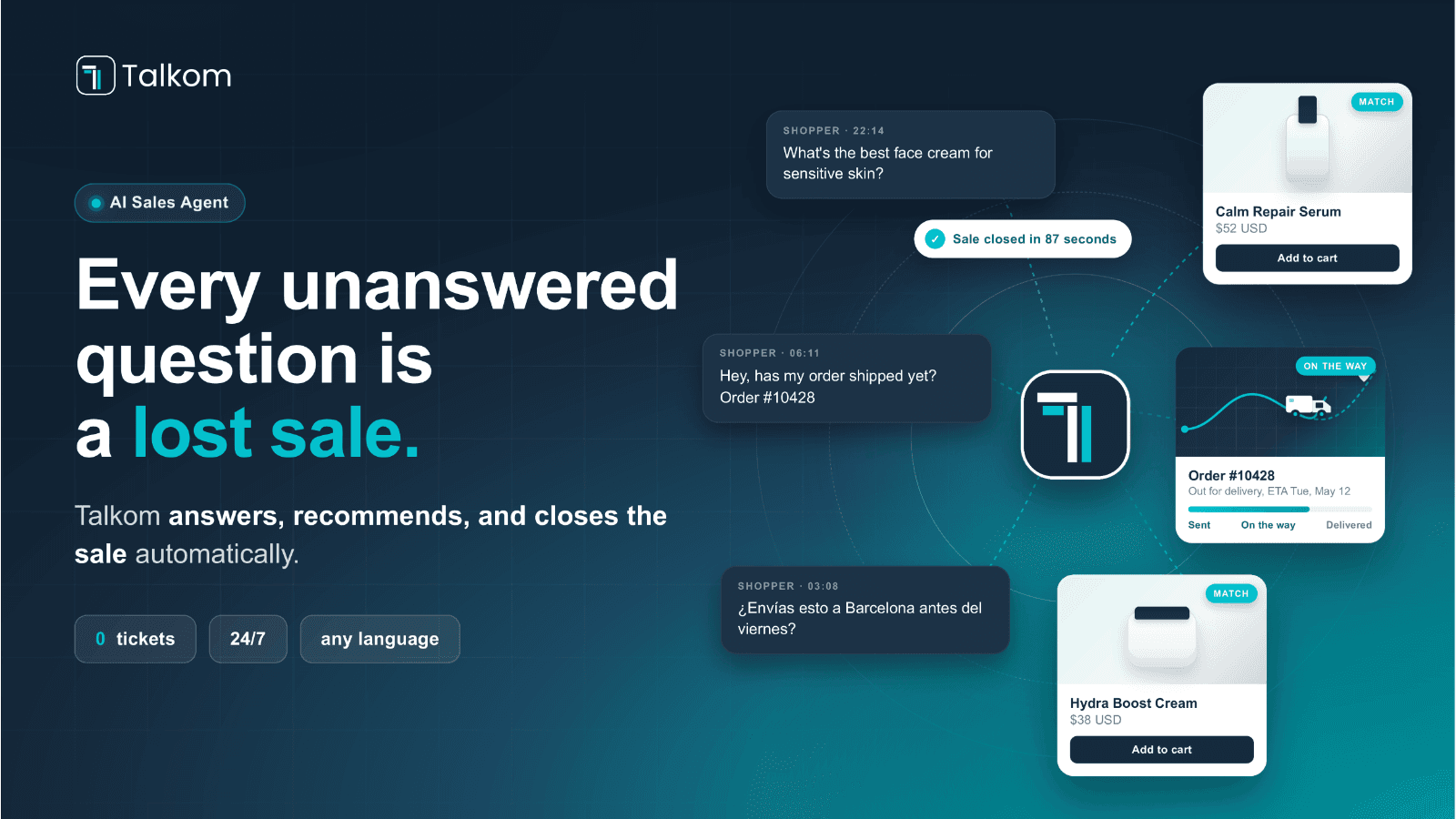 Talkom answers, recommends, and closes the sale