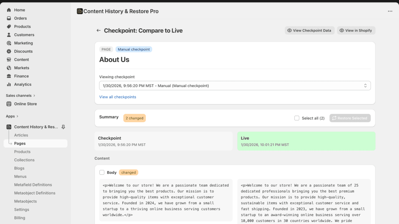 Content History & Restore Pro visual diff comparing two contents