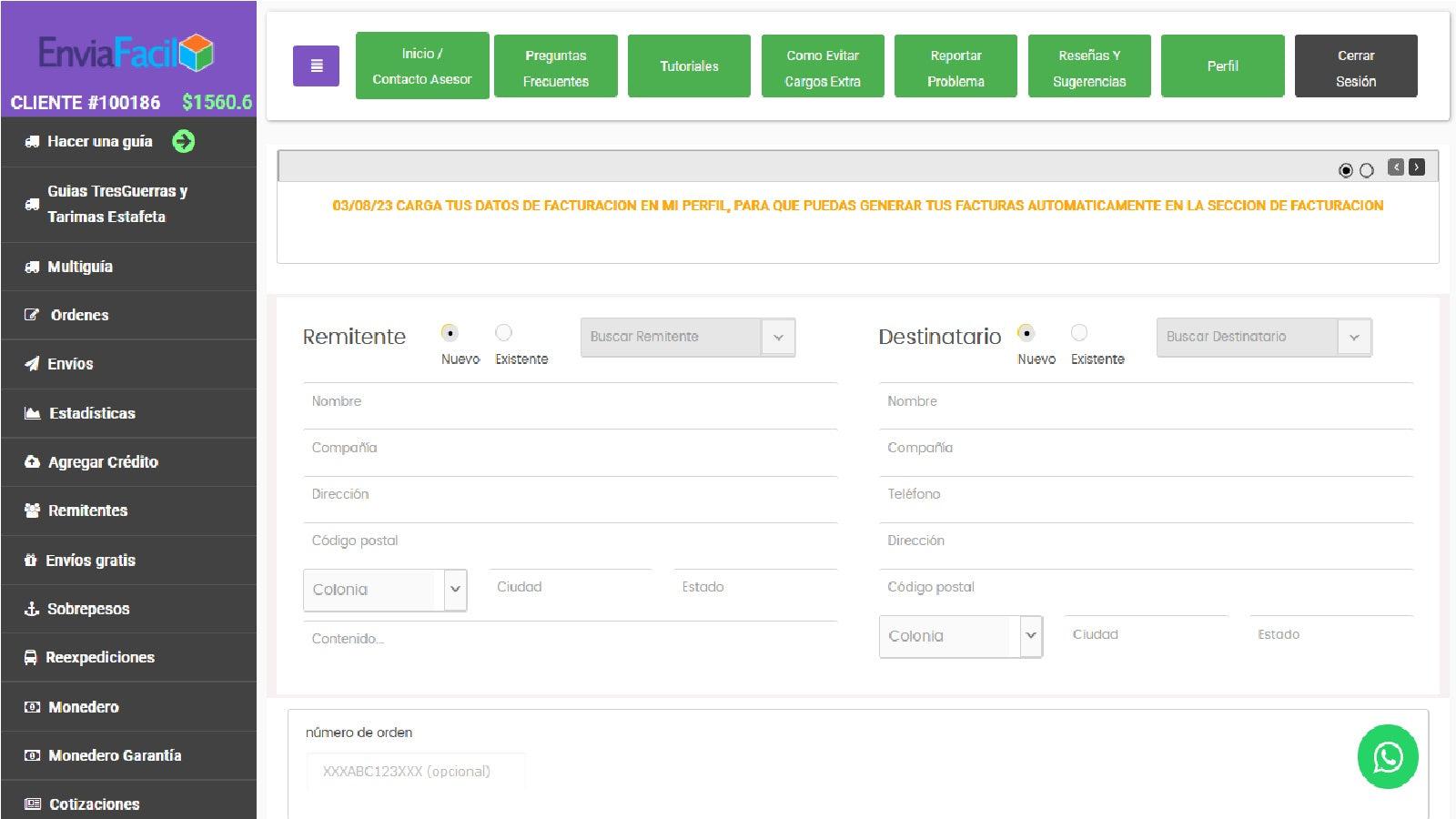captura de datos de envio