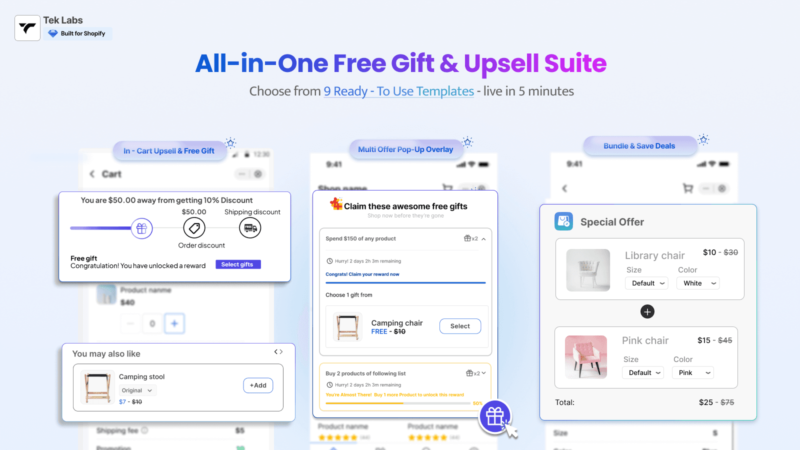 Upsell & cross-sell by free gifts, discount, popup and cart bar
