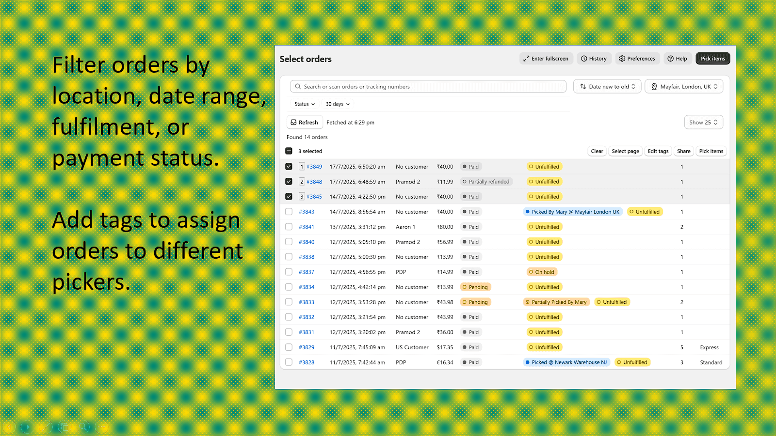 Select orders within the app and share with staff