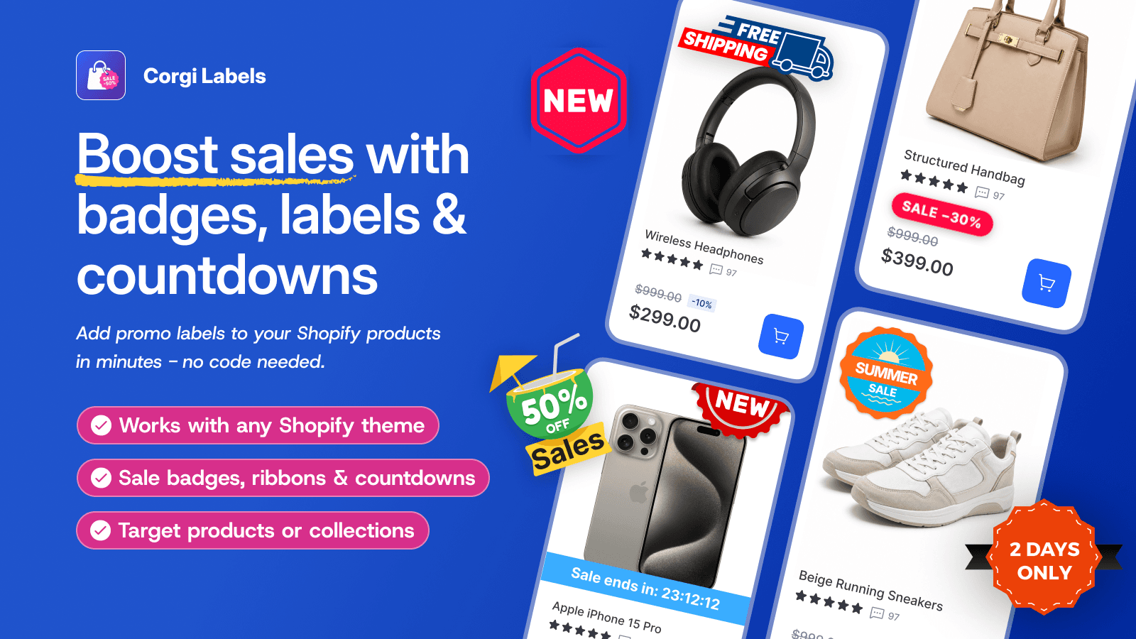 Corgi Labels badges & countdown timer on a storefront