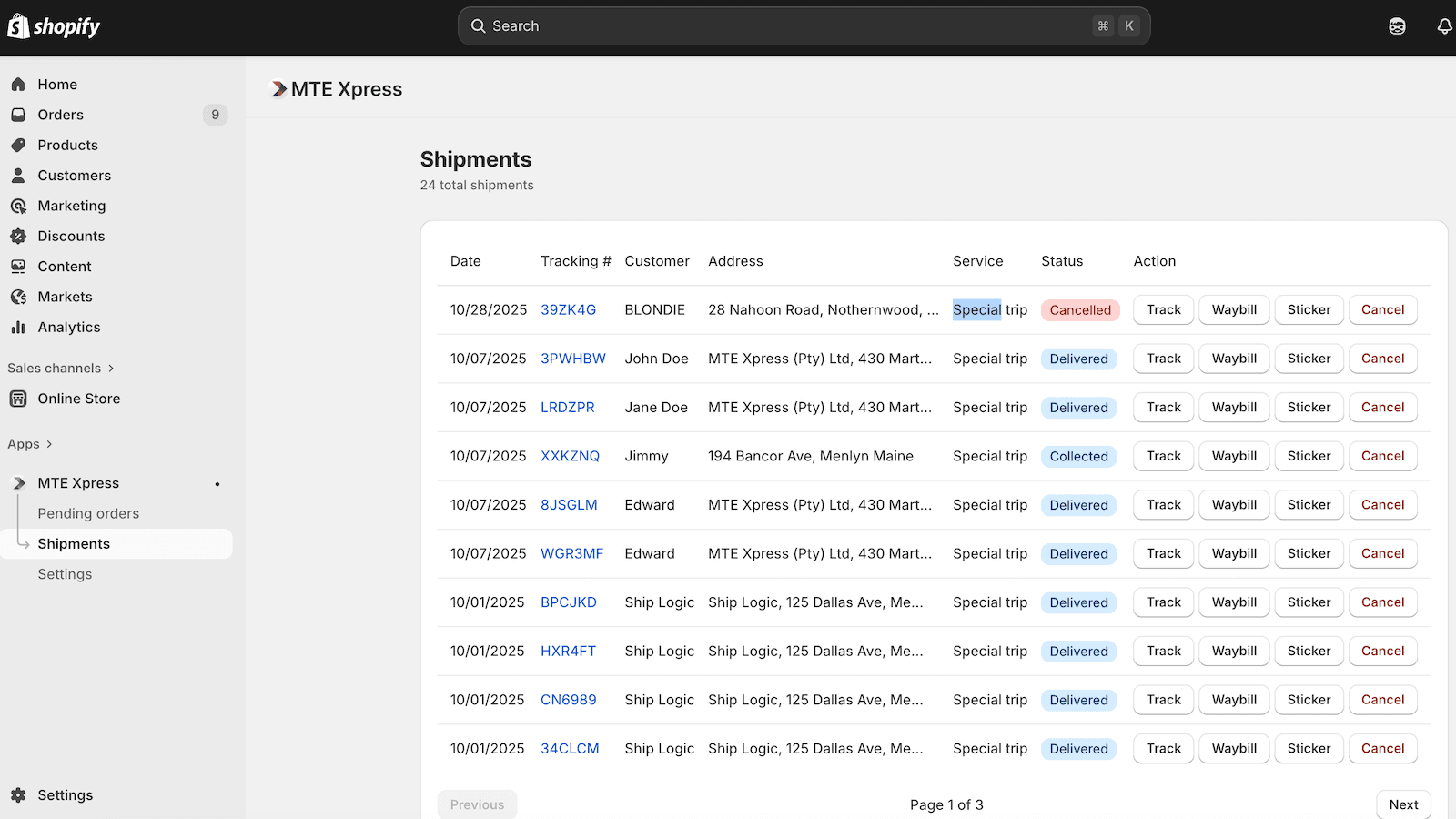 Manage shipments
