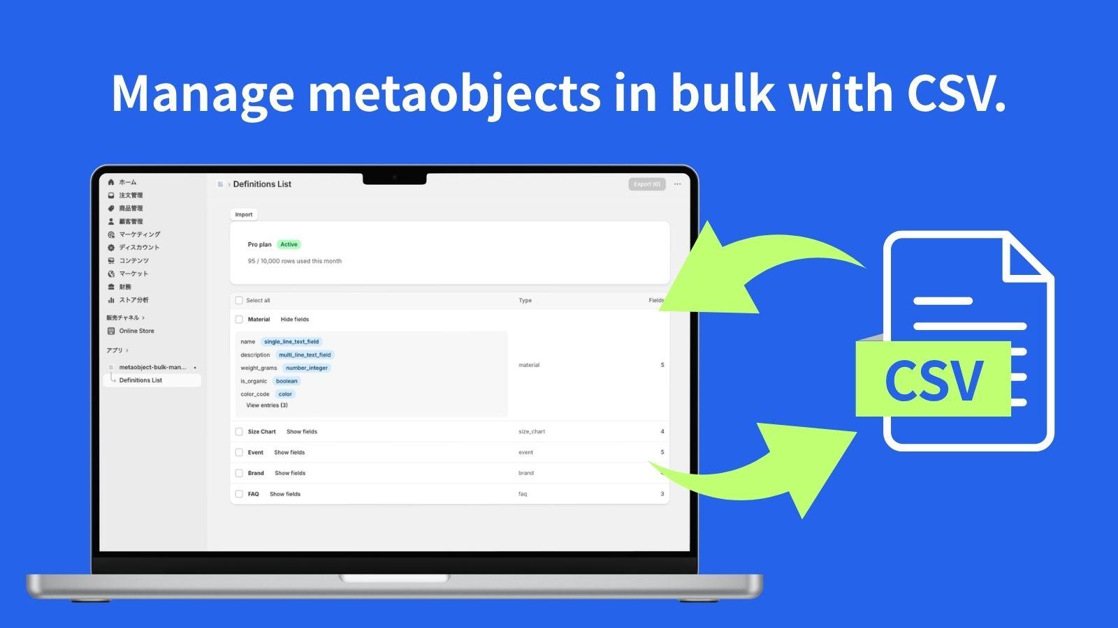 Metaobject definitions list with CSV export and import overview