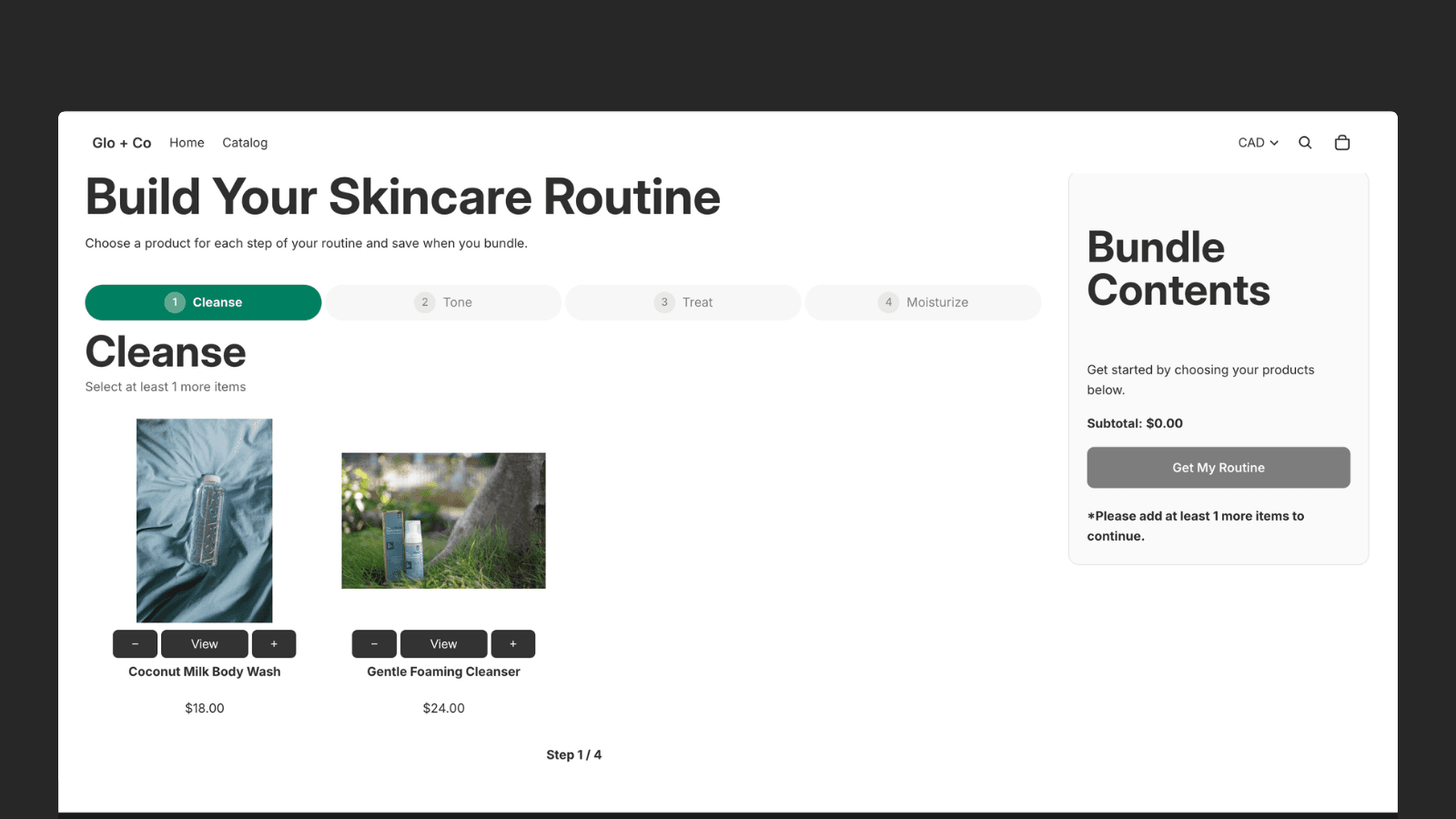 Multi-step build-a-box bundle builder on storefront.