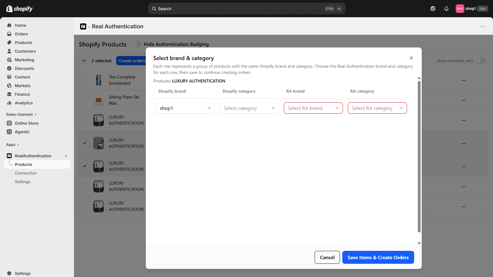 Bulk select and submit store products for authentication