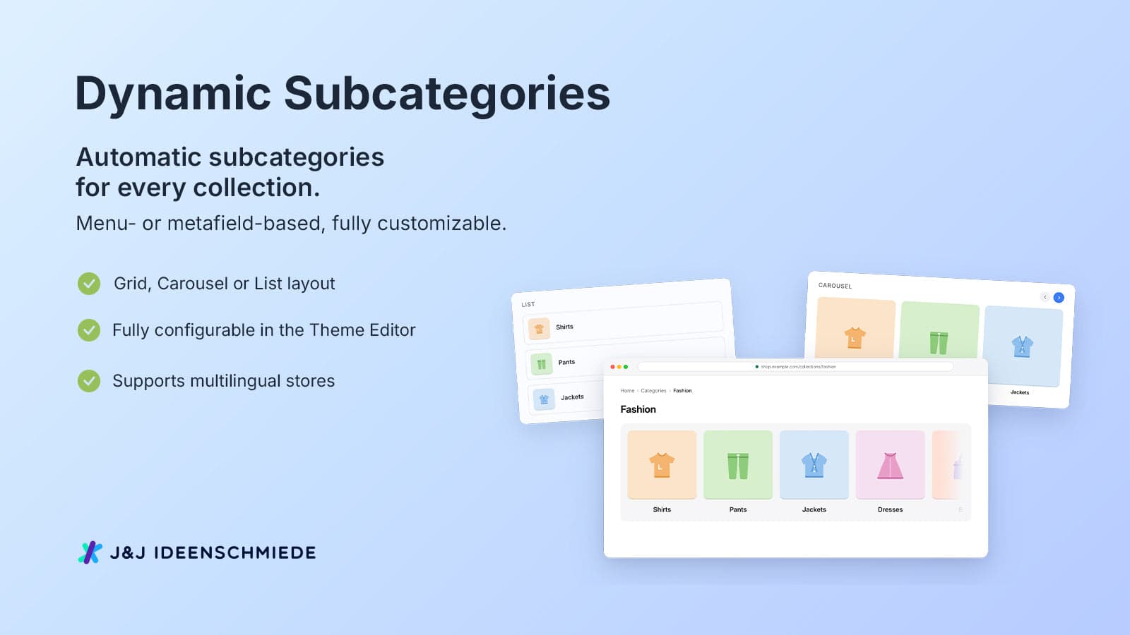 Dynamic Subcategories Shopify app – grid, carousel, list layouts