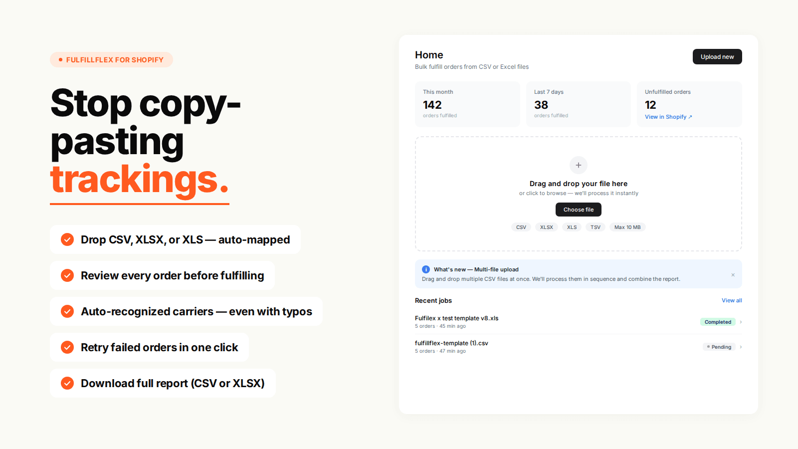 FulfillFlex bulk fulfills Shopify orders from CSV or Excel files