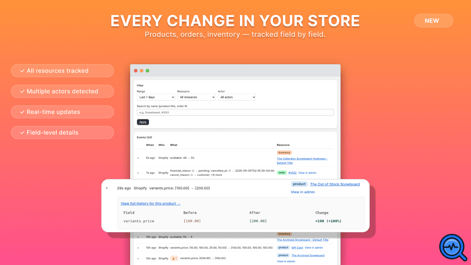 Audit log dashboard tracking products, orders, and inventory
